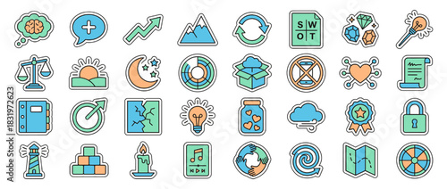 Business and creativity icon set. containing brain, analytics, success, growth, innovation, package, creativity and more. Vector collection