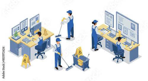 Isometric office cleaning and work environment with employees and computers