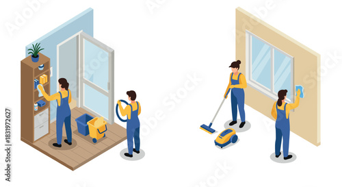 Isometric home cleaning scene with modern janitors and equipment