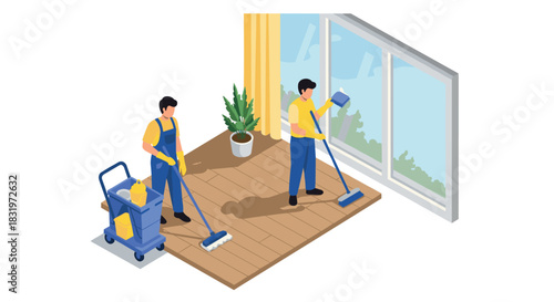 Isometric cleaning service team in action with tools and equipment