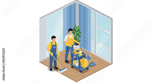 Isometric cleaning service team working in modern office interior