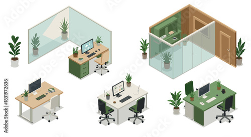 Isometric office spaces with desks and plants for modern work environment