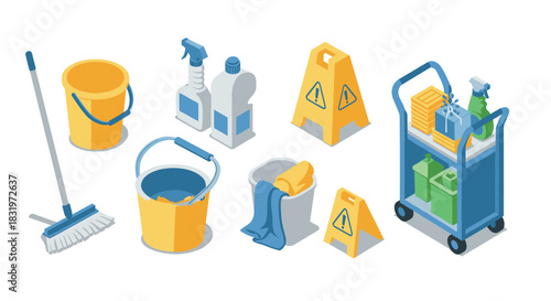 Isometric cleaning supplies set with mop and bucket on white background