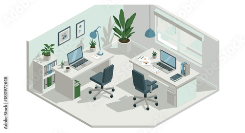 Modern isometric office workspace with dual desks and greenery