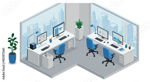 Modern isometric office scene with desks and chairs in a bright city view setting