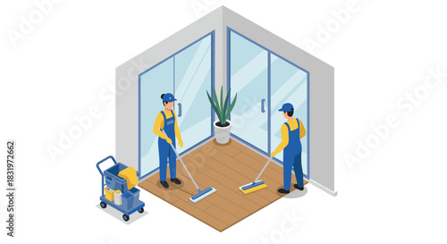 Isometric scene of janitors cleaning a room with cleaning supplies and large windows