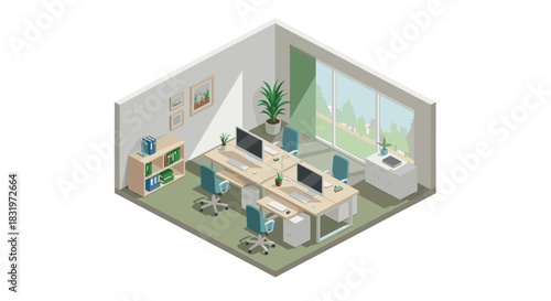 Modern open office workspace with desks and chairs in isometric design