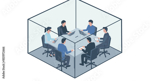 Isometric office meeting in modern glass room with business professionals