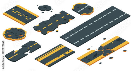 Isometric damaged road elements with cracks and potholes for construction design