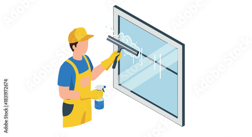 Isometric window cleaner: worker in uniform cleaning glass with squeegee and spray bottle