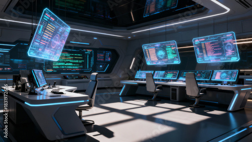 Wallpaper Mural Futuristic control room with holographic data screens and high tech workstations Torontodigital.ca