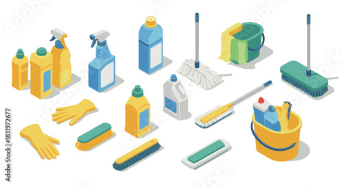 Isometric cleaning supplies set with mops, detergents, and brushes on white background