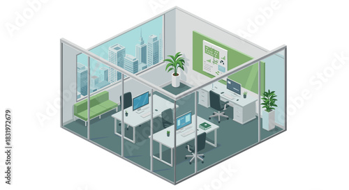 Modern isometric office design with glass walls and city view