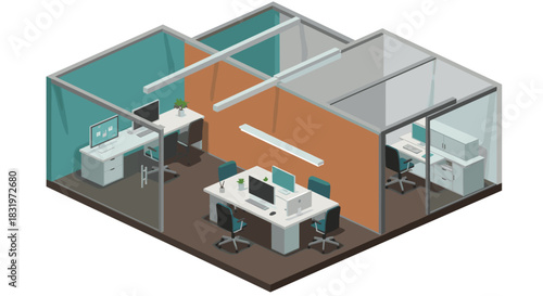 Modern isometric office workspace with desks and computers
