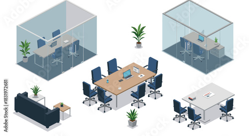 Modern isometric office rooms with desks and furniture for workspace design
