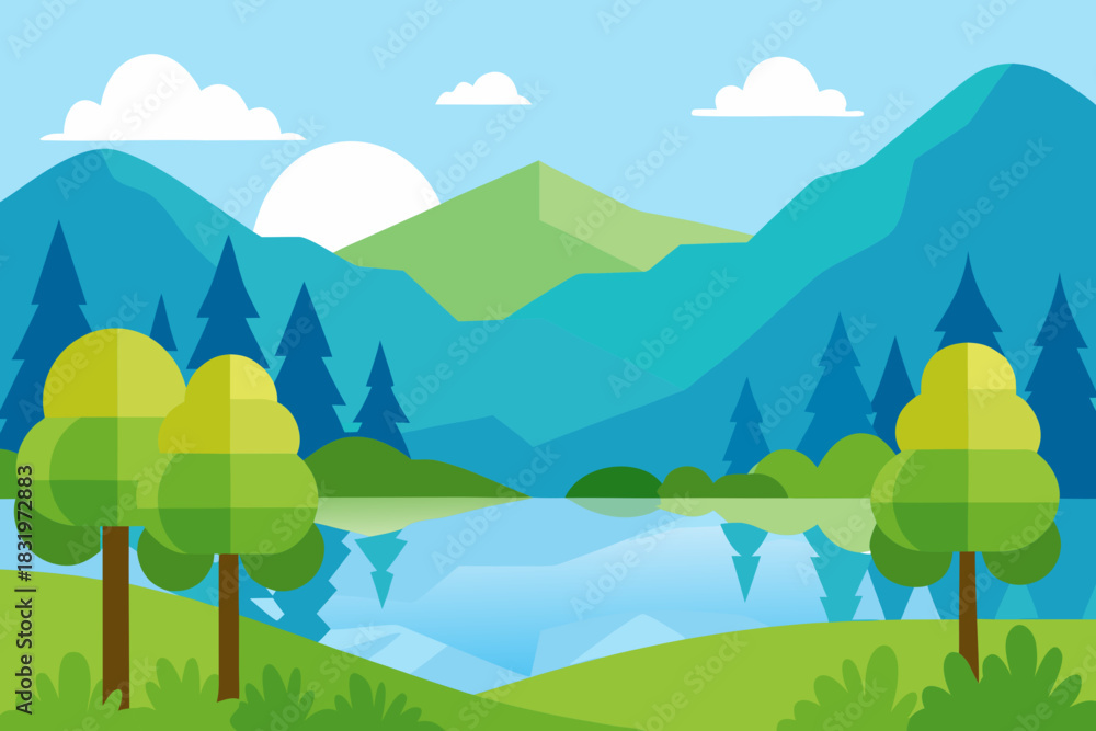 Obraz premium Peaceful lakeside view with trees simple vector illustration