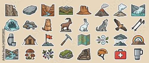 Nature and adventure icon set. containing mountain, river, wildlife, camping, hiking, map, weather, and more. Vector collection