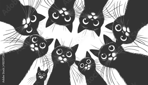 Adorable group of curious black cats with big eyes peering downward sketch engraving generative ai fictional character vector illustration. Scratch board imitation. Black and white image.