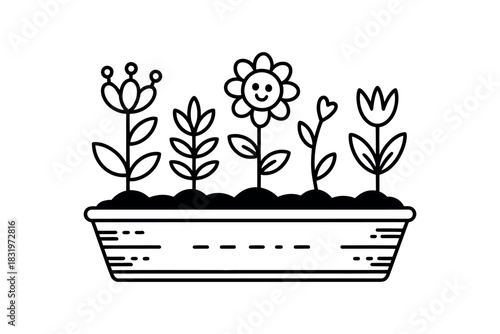Illustration of a flower box with various plants and a smiling flower