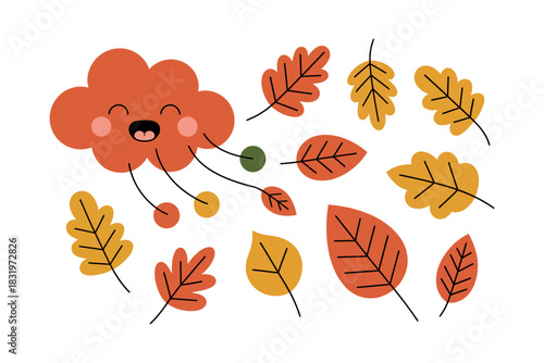 Cartoon wind cloud blowing leaves in autumn colors on a white background