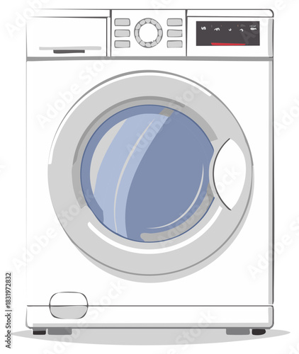 Front Load Laundry Machine Illustration with Digital Control Panel and Glass Door for Cleaning Clothes