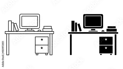 Minimalist line art and silhouette icons of a modern computer desk with monitor, books, and filing cabinet, isolated on white.