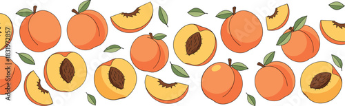 Seamless Peach Fruit Pattern with Whole Halved and Sliced Peaches and Leaves Colorful Flat Vector Illustration