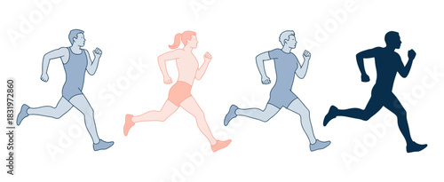 Four diverse runners, male and female, depicted in minimalist graphic style with varying blue and orange color fills, isolated on white.
