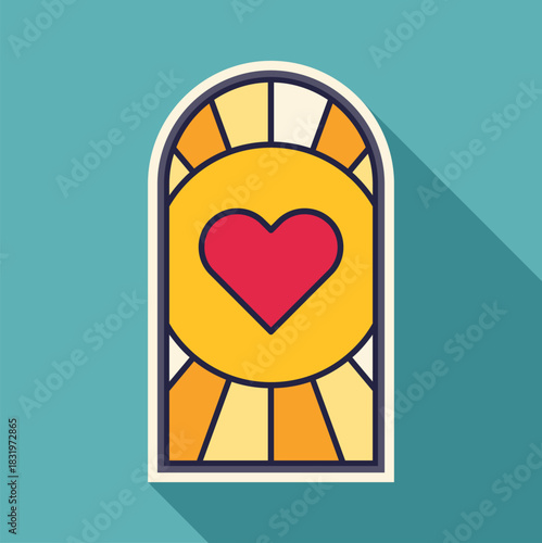 Stained glass window featuring a red heart on a yellow background, representing faith and romance