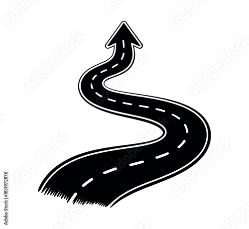 Black and white cartoon illustration of a winding road with arrow head