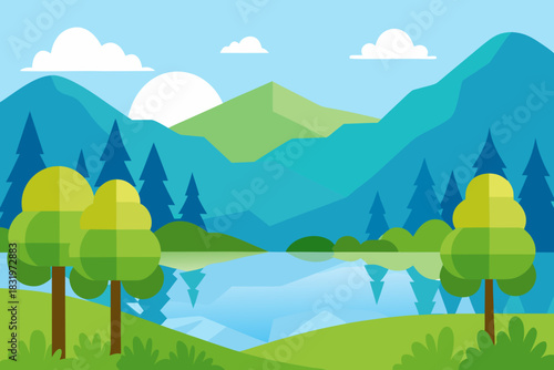Peaceful lakeside view with trees simple vector illustration