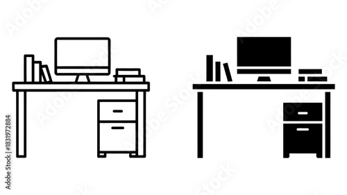 Two contrasting vector illustrations of a modern office desk with computer, books, and drawers, one outline, one silhouette, isolated.