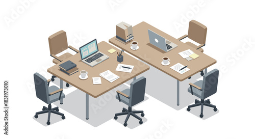 Modern isometric office workspace with desks, laptops, and chairs