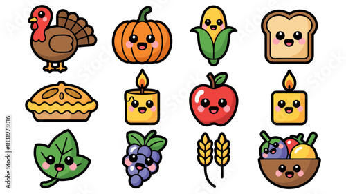 Cute cartoon thanksgiving food and autumn harvest icons: turkey, pumpkin, corn, bread, pie, apple, grapes, leaves, wheat, fruit bowl, candles
