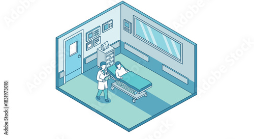 Isometric hospital room with doctor and patient in blue tones