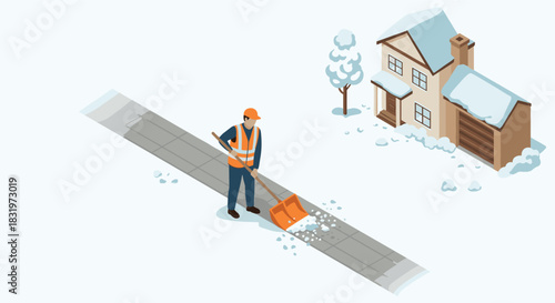 Winter street maintenance scene with worker removing snow from sidewalk near snow-covered house