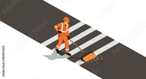 Isometric road worker cleans leaves on crosswalk