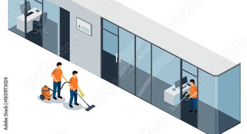 Office janitors cleaning modern workspace in isometric style