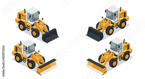 Isometric construction vehicles: yellow bulldozers in four angles