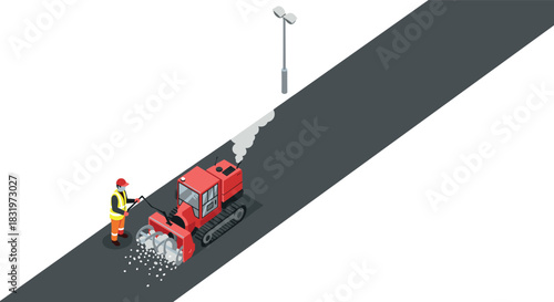 Isometric construction worker operating road paving machine on asphalt surface