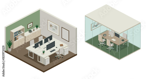 Modern isometric office spaces with minimalist design and glass meeting room