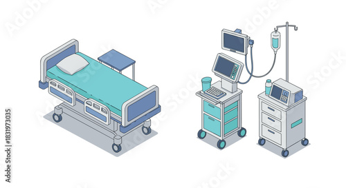 Isometric hospital equipment and medical bed set