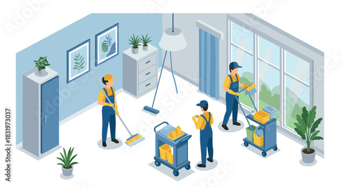 Professional cleaning team in modern office interior - isometric design