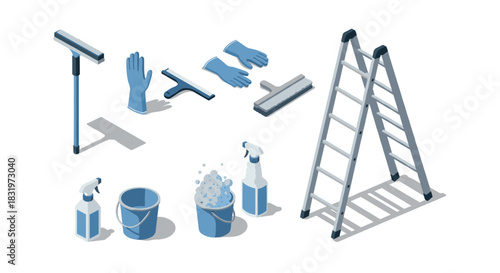Isometric cleaning tools set with ladder and supplies on white background