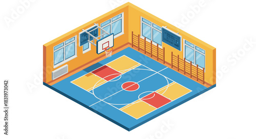 Isometric indoor basketball court with bright interiors and modern sports equipment