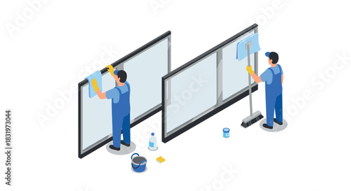 Isometric window cleaning service workers using tools for glass maintenance