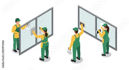 Isometric workers cleaning large windows with tools and uniforms