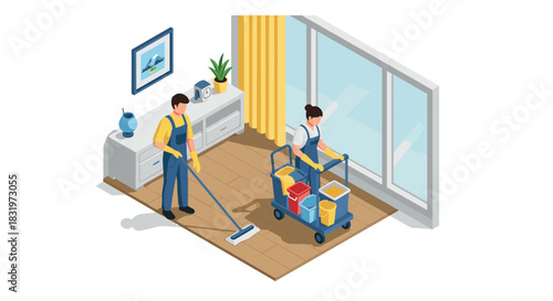 Isometric cleaners in uniforms with cleaning equipment in modern living room