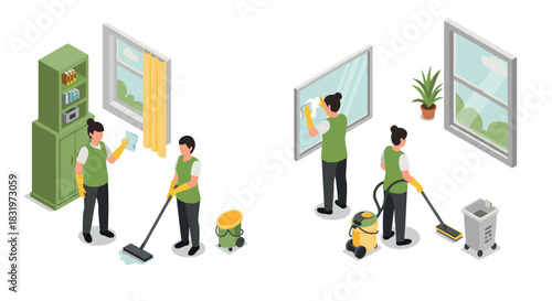 Isometric office cleaning scene with employees performing daily tasks