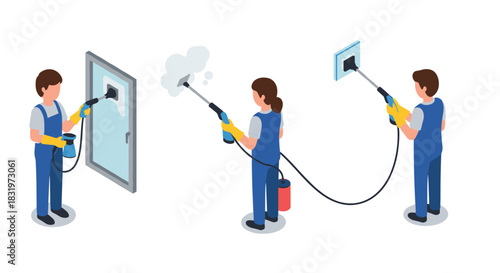 Isometric window cleaning workers with high-pressure washers and squeegees